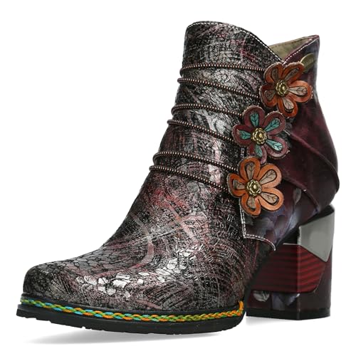 Laura Vita Damen Stiefelette Leder mit Blütenapplikation und Nieten Maevao 21, Größe:39 EU, Farbe:Rot von Laura Vita