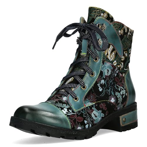 Laura Vita Damen Stiefelette Leder mit Blumenmuster Cap Toe Cocrailo 86, Größe:37 EU, Farbe:Türkis von Laura Vita
