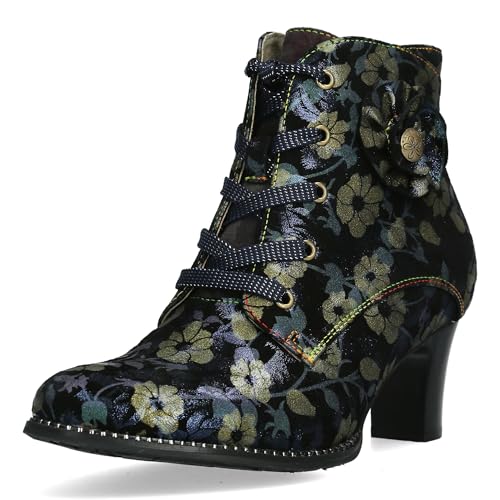 Laura Vita Damen Stiefelette Leder mit Blumenmuster Metallic Glanz Elcodieo 01, Größe:39 EU, Farbe:Blau von Laura Vita