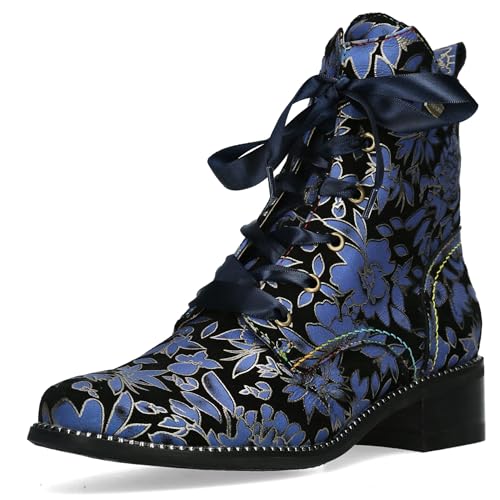 Laura Vita Damen Stiefelette Leder mit Blumenmuster und Satinschnürung Emcmao 26, Größe:39 EU, Farbe:Blau von Laura Vita