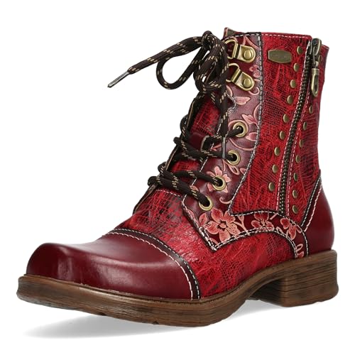 Laura Vita Damen Stiefelette Leder mit Nietenbesatz und Blumenmuster Anitao 02, Größe:39 EU, Farbe:Rot von Laura Vita