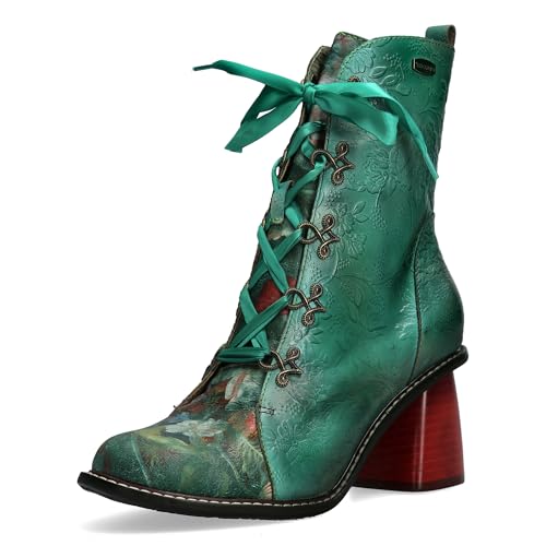 Laura Vita Damen Stiefelette Leder mit floraler Prägung und Satinband Evcao 311, Größe:39 EU, Farbe:Grün von Laura Vita