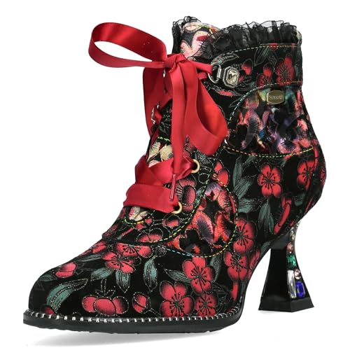 Laura Vita Damen Stiefelette Satinband Strass und Blumenmuster Oliveo 03, Größe:38 EU, Farbe:Rot von Laura Vita