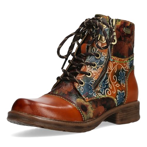 Laura Vita Damen Stiefelette flacher Cap Toe Boot aus Leder mit Blumen Anitao 06, Größe:37 EU, Farbe:Braun von Laura Vita