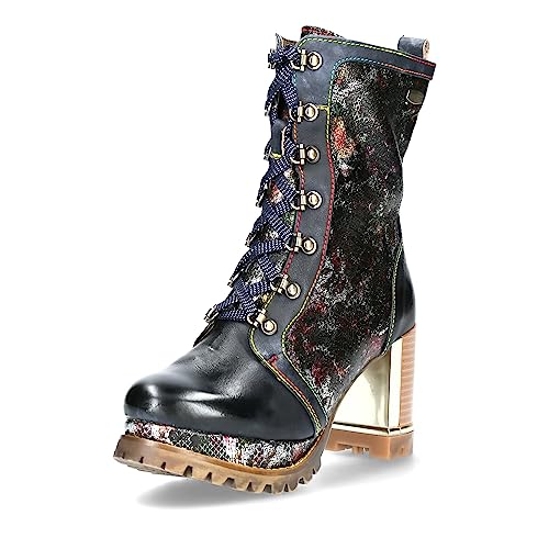 Laura Vita Damen Stiefelette floral Blumen Reptil Muster Plateau Obo 05, Größe:38 EU, Farbe:Schwarz von Laura Vita