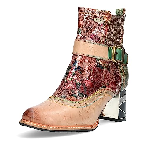 Laura Vita Damen Stiefelette floral Lochmuster Stretch Schnalle Marbreo 03, Größe:39 EU, Farbe:Beige von Laura Vita