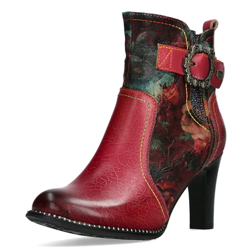 Laura Vita Damen Stiefelette mit Blumenmuster und floraler Schnalle Alcbaneo 265, Größe:39 EU, Farbe:Rot von Laura Vita