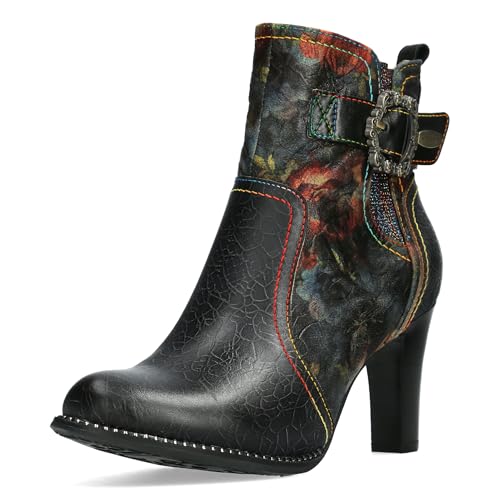 Laura Vita Damen Stiefelette mit Blumenmuster und floraler Schnalle Alcbaneo 265, Größe:40 EU, Farbe:Schwarz von Laura Vita