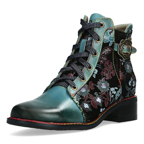 Laura Vita Damen Stiefelette mit Blumenmuster und floraler Schnalle Emcmao 67, Größe:37 EU, Farbe:Blau von Laura Vita