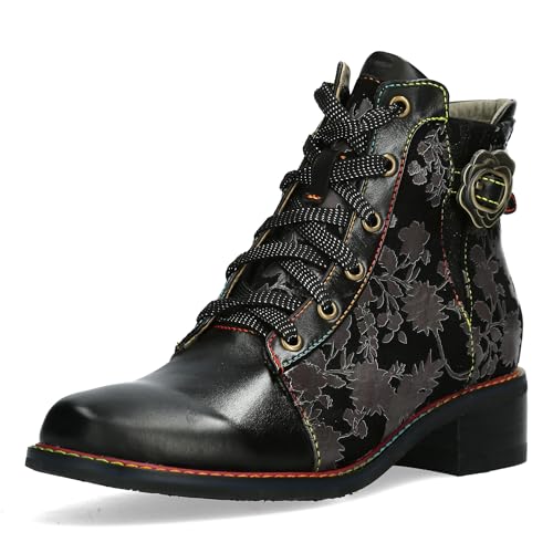 Laura Vita Damen Stiefelette mit Blumenmuster und floraler Schnalle Emcmao 67, Größe:37 EU, Farbe:Schwarz von Laura Vita