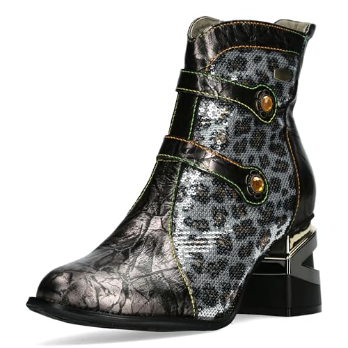Laura Vita Damen Stiefelette mit Leopardenmuster Pailletten und Strass Orlyo 07, Größe:38 EU, Farbe:Silber von Laura Vita