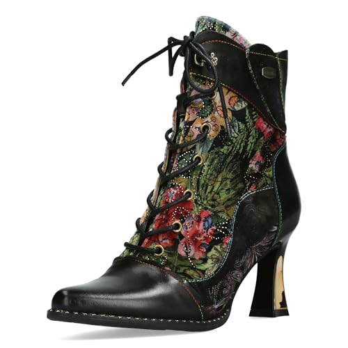Laura Vita Damen Stiefelette mit floralem Muster Cap Toe spitz Oanello 05, Größe:40 EU, Farbe:Schwarz von Laura Vita