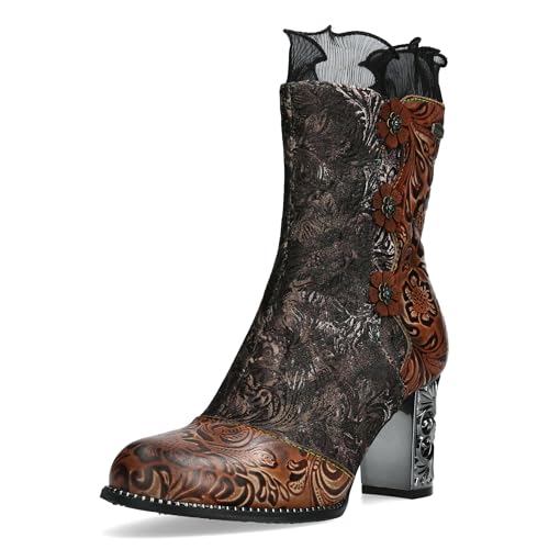 Laura Vita Damen Stiefelette mit floralem Muster und Blütenapplikation Ledao 48, Größe:40 EU, Farbe:Braun von Laura Vita