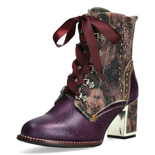 Laura Vita Damen Stiefelette mit floraler Prägung und Schlangenmuster Kacio 05, Größe:37 EU, Farbe:Violett von Laura Vita