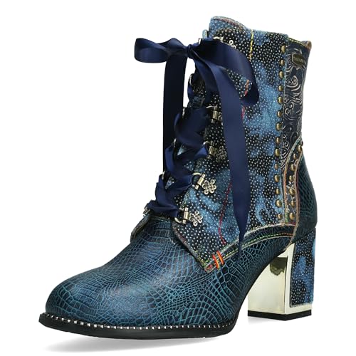 Laura Vita Damen Stiefelette mit floraler Prägung und Schlangenmuster Kacio 05, Größe:38 EU, Farbe:Blau von Laura Vita