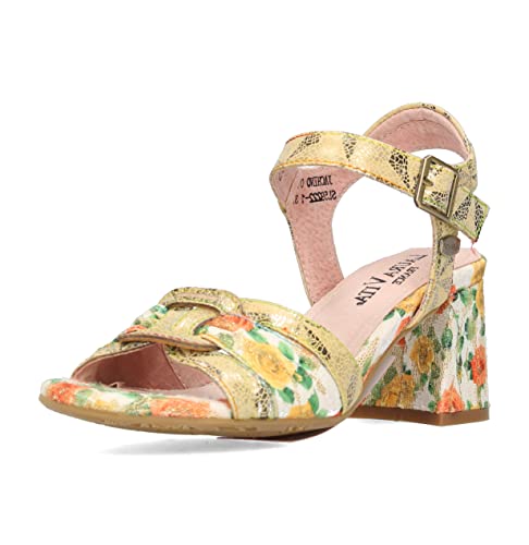 Laura Vita Sandalette Jachino 01 Damen Schuhe Leder Sandalen Absatz Rosen Muster Boho Style, Größe:40 EU, Farbe:Gold von Laura Vita