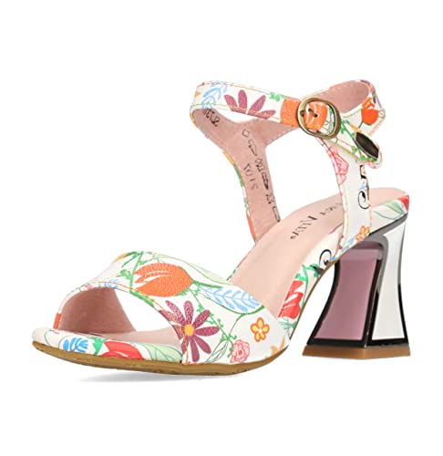 Laura Vita Sandaletten Jacbo 0122 Damen Schuhe Sandalen Absatz quadratisch Blumen Muster, Größe:38 EU, Farbe:Weiß von Laura Vita