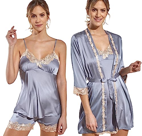 Laura Lily - Damen-Pyjamas aus Satin, seidig, einfarbig, mit goldfarbener Spitze, 5-teiliges Set, Grau M38 von Laura in