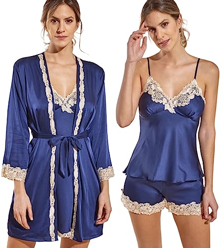 Laura Lily - Damen-Pyjamas aus Satin, seidig, einfarbig, mit goldfarbener Spitze, 5-teiliges Set, Navy blau M38 von Laura in