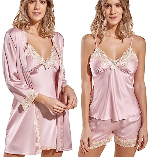 Laura Lily - Pyjama Damen Schlafanzug aus Satin, Seidig, einfarbig, mit Spitze, 5-teiliges Set, Pink M-L von Laura in