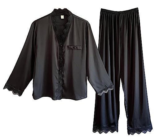 Laura Lily Women - Damen Pyjama Set aus Satin Seide, 2 Stücke Satin Schlafanzug mit Spitze, Langarm Nachtwäsche und Lange Hosen.SchwarzL1406 von Laura in
