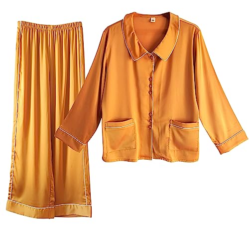 Laura in - 2-teiliges Damen-Seiden Pyjama-Set, Schlafanzug mit Knöpfen und Langen Hosen aus Satin, verziert mit gerader Linie, weich, bequem, seidig und lässig, Extra-Qualität-1404OrangeXL von Laura in