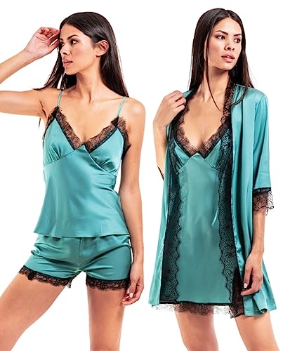 Laura in - 4-teiliges Damen-Seiden Pyjama-Set, Schlafanzug aus Satin mit bestickter Spitze. Band-Kimono-Robe, Cami-Top, Nachthemd und Shorts. Weich, bequem und elegant zum entspannen.Grün BlauL1105 von Laura in