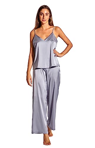 Laura in - Damen-Kleidungsset Satin-Seidenpyjama für Damen 2-teilig einfarbig Satin-Schlafanzug Top-Shirt und Langen Hosen-1603GrauM von Laura in