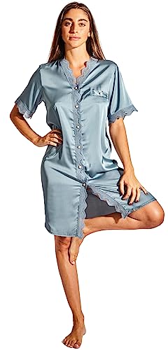 Laura in - Knielanges Pyjama Nachthemd aus Seide Satin für Damen mit Spitze, Schlafanzüge Nachtwäsche, Knopfleidung mit kurzen Ärmeln. L/XL1605 von Laura in
