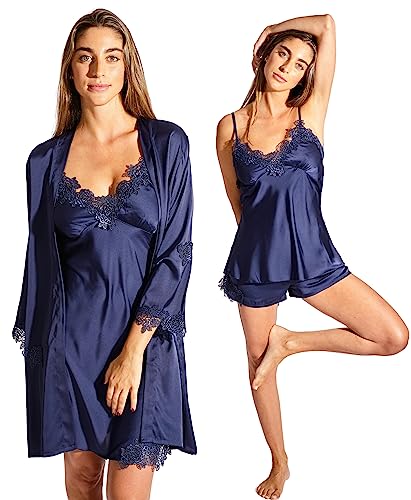 Laura in - Pyjama 5-teiliges Set aus Seidensatin mit bestickter Spitze, Nachtwäsche Schlafanzüge für Damen, Bademantel, Nachthemd, Top, Kurze und Lange Hosen. L/XL1108 von Laura in