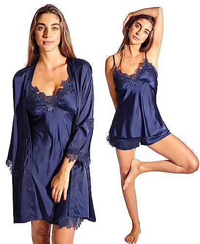 Laura in - Pyjama 5-teiliges Set aus Seidensatin mit bestickter Spitze, Nachtwäsche Schlafanzüge für Damen, Bademantel, Nachthemd, Top, Kurze und Lange Hosen. M/L1108 von Laura in