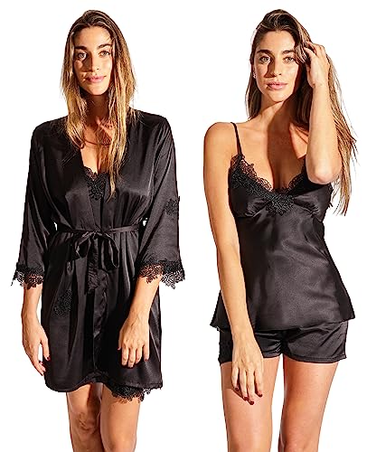 Laura in - Pyjama 5-teiliges Set aus Seidensatin mit bestickter Spitze, Nachtwäsche Schlafanzüge für Damen, Bademantel, Nachthemd, Top, Kurze und Lange Hosen. S/M1108 von Laura in