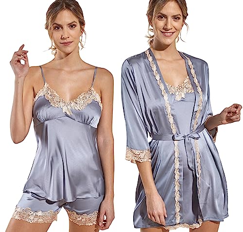 Laura in - Pyjama Damen Schlafanzug aus Satin, Seidig, einfarbig, mit Spitze, 5-teiliges Set-Grau-S-1103 von Laura Lily