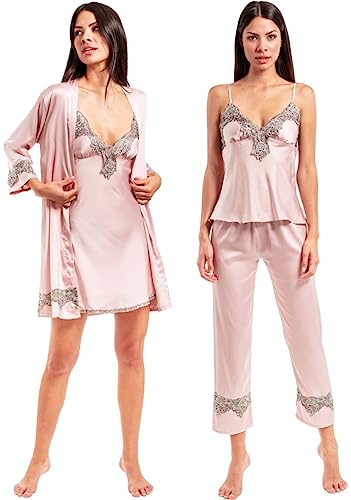 Laura in - Pyjama Damen Schlafanzug aus Satin Seidig einfarbig mit Spitze, 5-teiliges Set Kimono-Bademantel Top Nachthemd Shorts und Lange Hosen-Rosa-S-1103 von Laura in