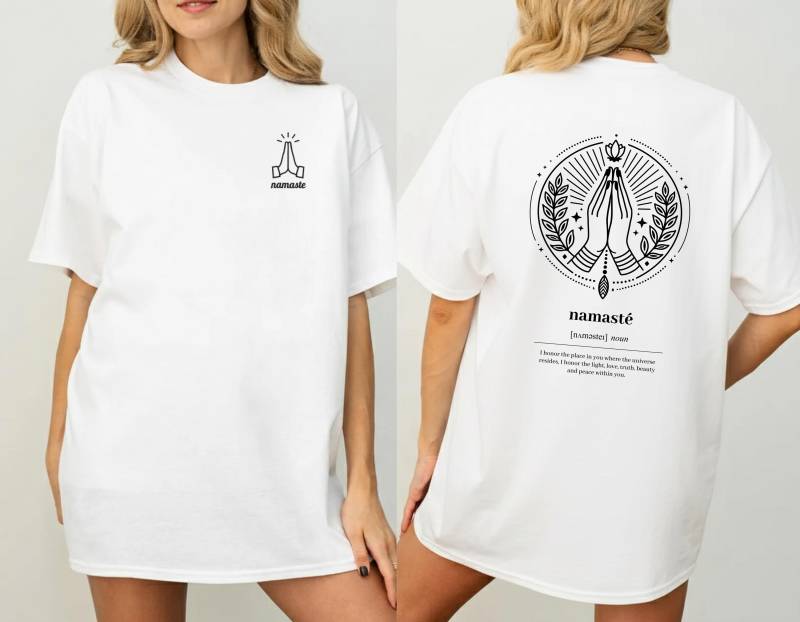 Namaste Yoga Shirt Stickerei Mit Back Print - Achtsamkeit, Definition, Zitat, Spiritualität, Meditation, Mental Health, Energie Namaste Yoga Shirt Stickerei Mit Back Print - Achtsamkeit, Definition, Zitat, Spiritualität, Meditation, Mental Health, Energie von LaurabStudioArt