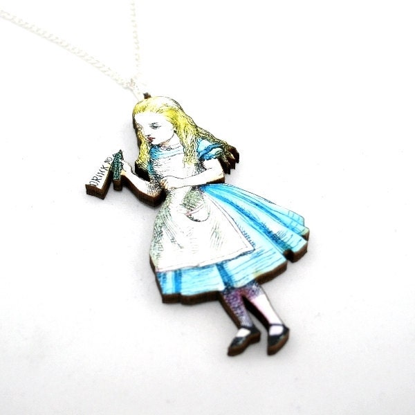 Trink Mich Halskette, Alice Im Wunderland Holz Tenniel Illustration, Schmuck, Schmuck Trink Mich Halskette, Alice Im Wunderland Holz Tenniel Illustration, Schmuck, Schmuck von LaurasJewellery