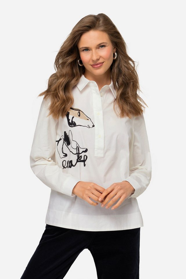 Laurasøn Satinbluse Bluse Materialmix Eisbär-Motiv Kragen Langarm von Laurasøn