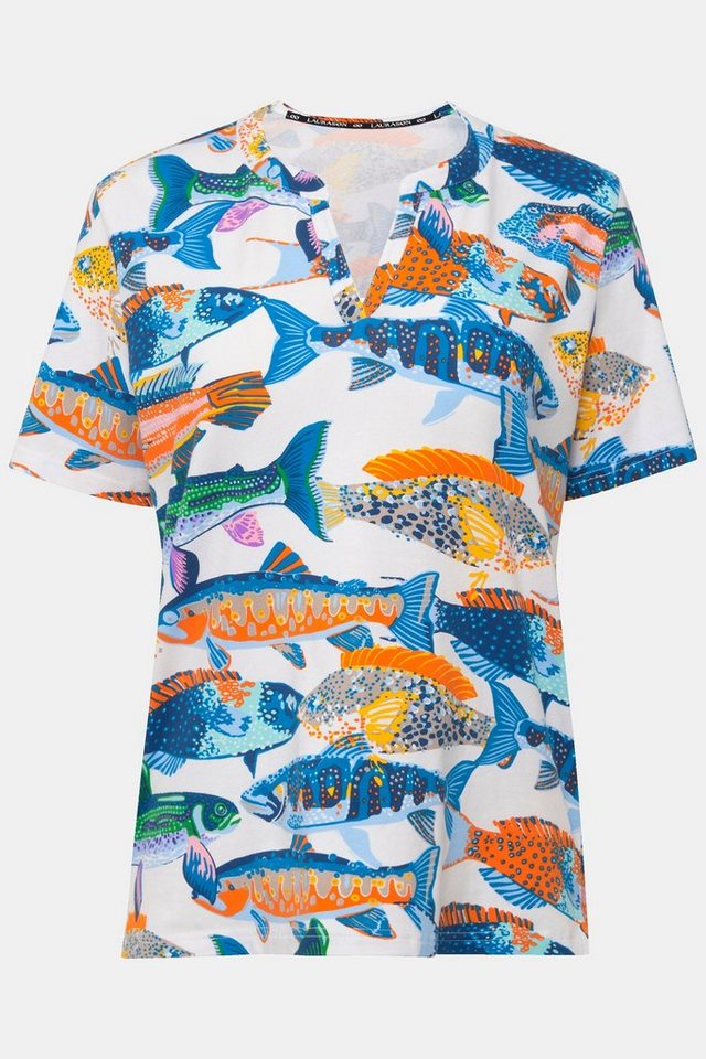 Laurasøn Rundhalsshirt T-Shirt Fische-Print Tunika-Ausschnitt Halbarm von Laurasøn