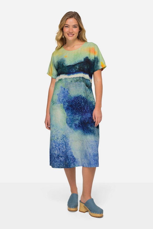 Laurasøn Midikleid Leinenmix-Kleid A-Line Landschafts-Print Rundhals von Laurasøn