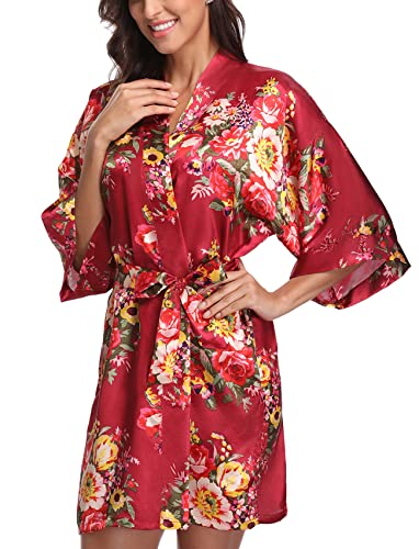 Damen-Bademantel aus Satin, Blumenmuster, für Braut, Brautjungfer, Getting Ready Robe, kurz, seidig, Kimono, Nachtwäsche für Hochzeit, Party, Rot/Ausflug, einfarbig (Getaway Solids), X-Large von Laurel Snow