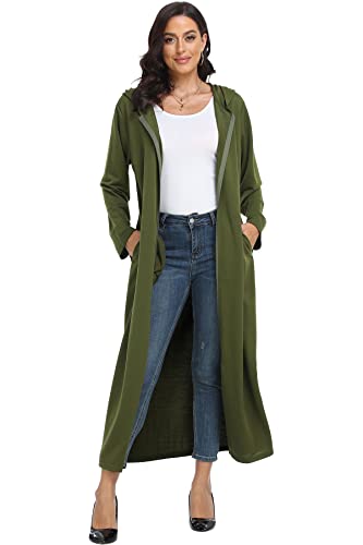 Damen Reißverschluss Bademäntel Kapuze Lang Hausmantel Sweatshirt Volle Länge Bademantel Langarm Loungewear Weiches Nachthemd mit Taschen, Grün (Army Green), X-Large von Laurel Snow