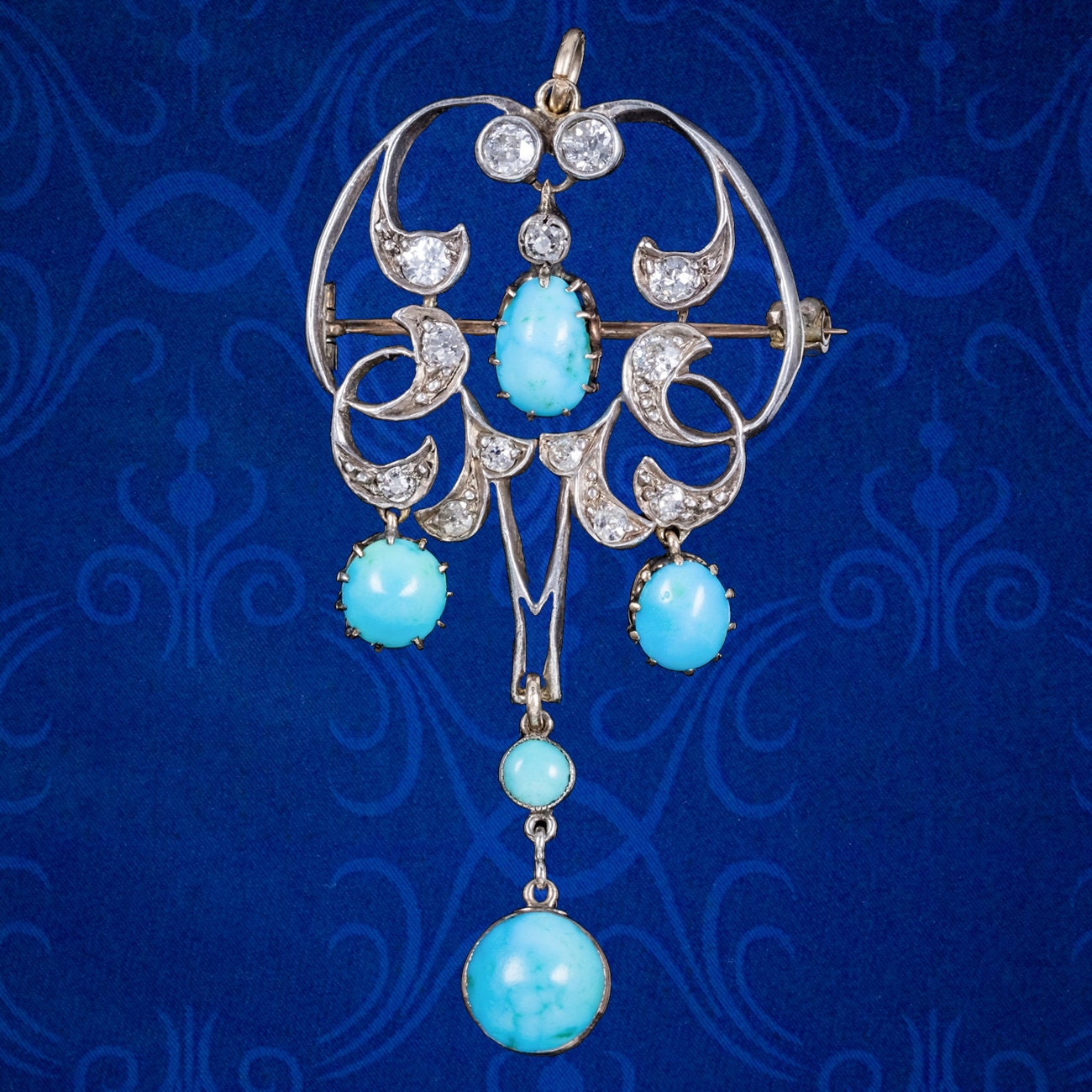 Antiker Edwardian Jugendstil Anhänger Türkis Diamant Silber 18 Karat Gold von LaurelleLtd