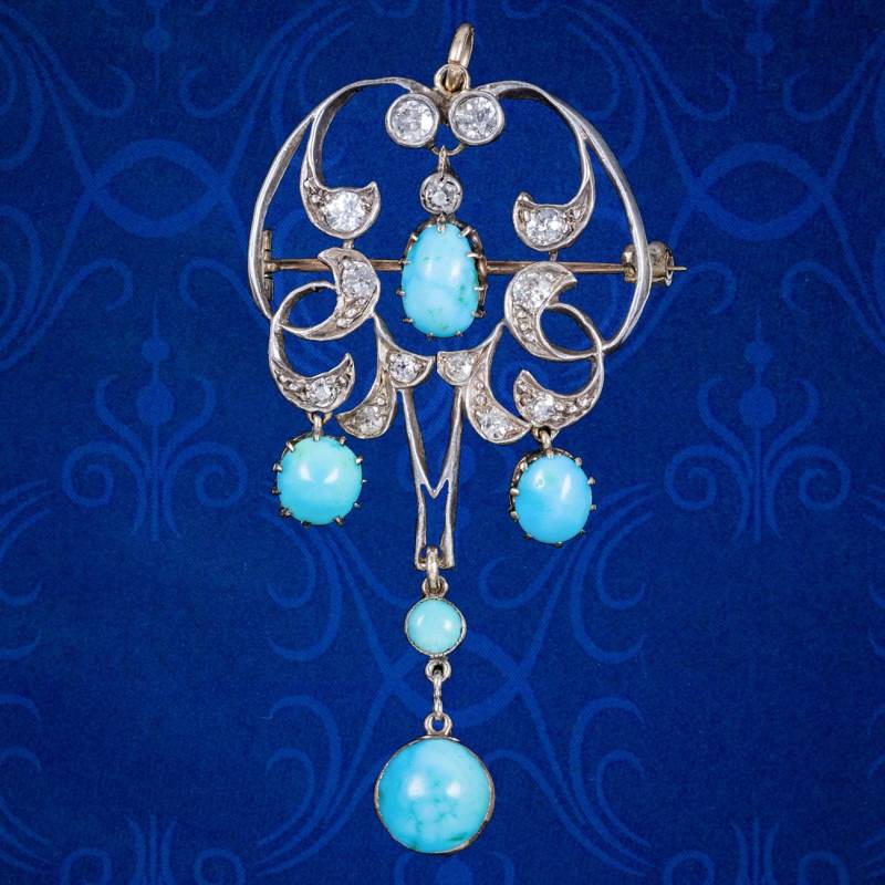 Antiker Edwardian Jugendstil Anhänger Türkis Diamant Silber 18 Karat Gold von LaurelleLtd