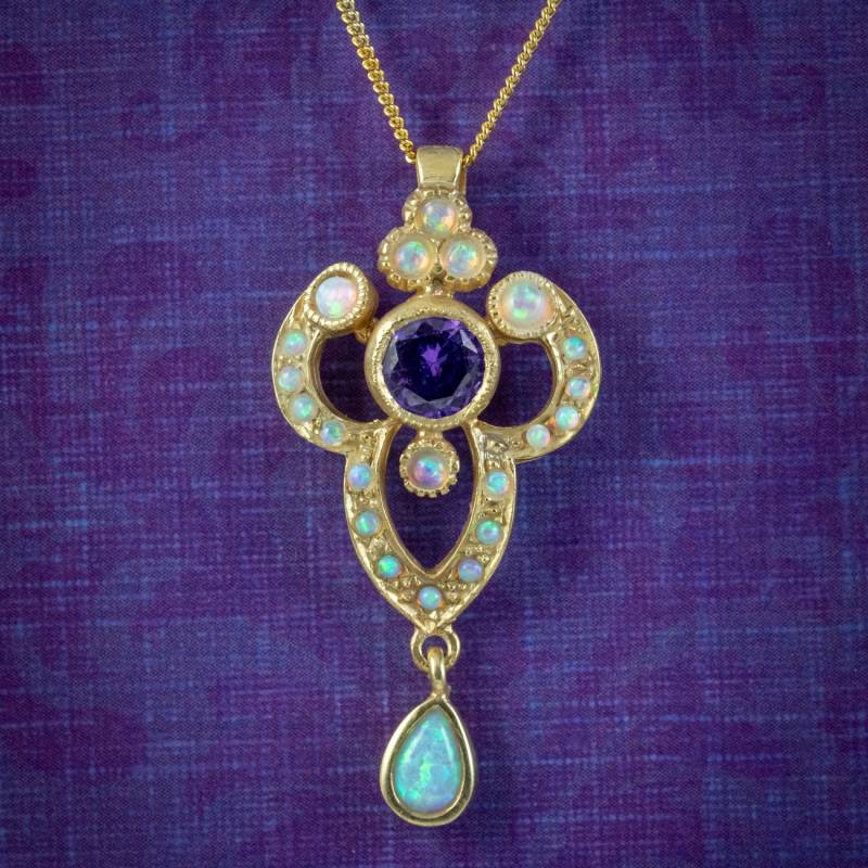 Edwardian Style Opal Amethyst Anhänger Halskette Silber 18 Karat Vergoldet von LaurelleLtd