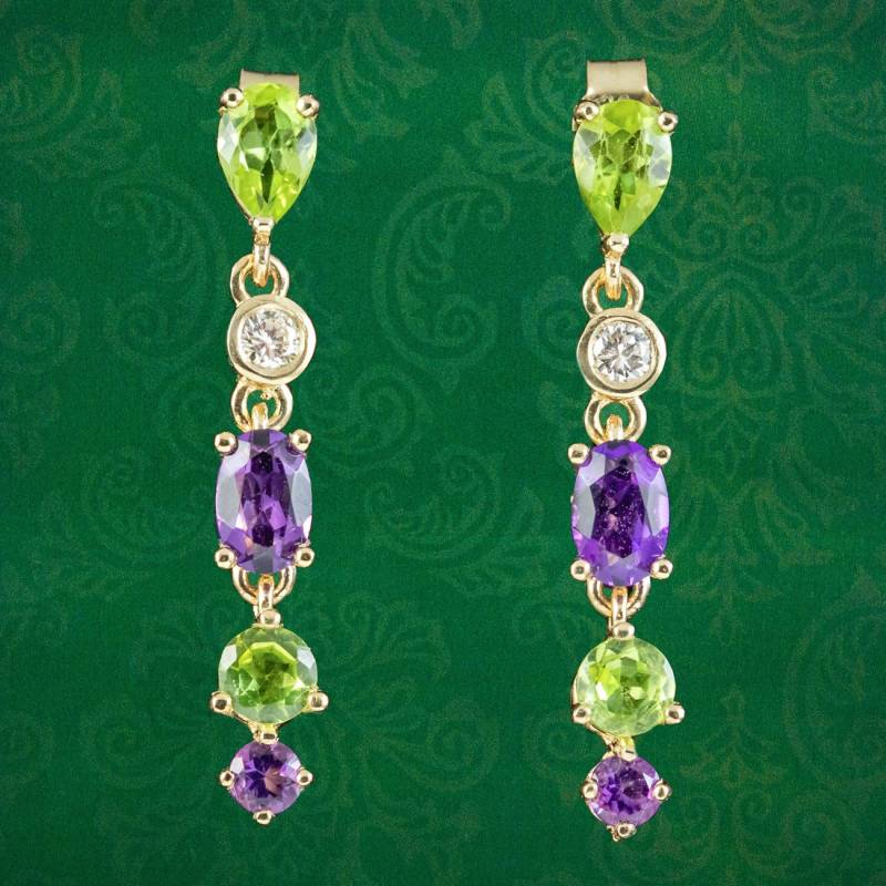 Edwardian Suffragette Stil Tropfen Ohrringe Amethyst Peridot Diamant von LaurelleLtd