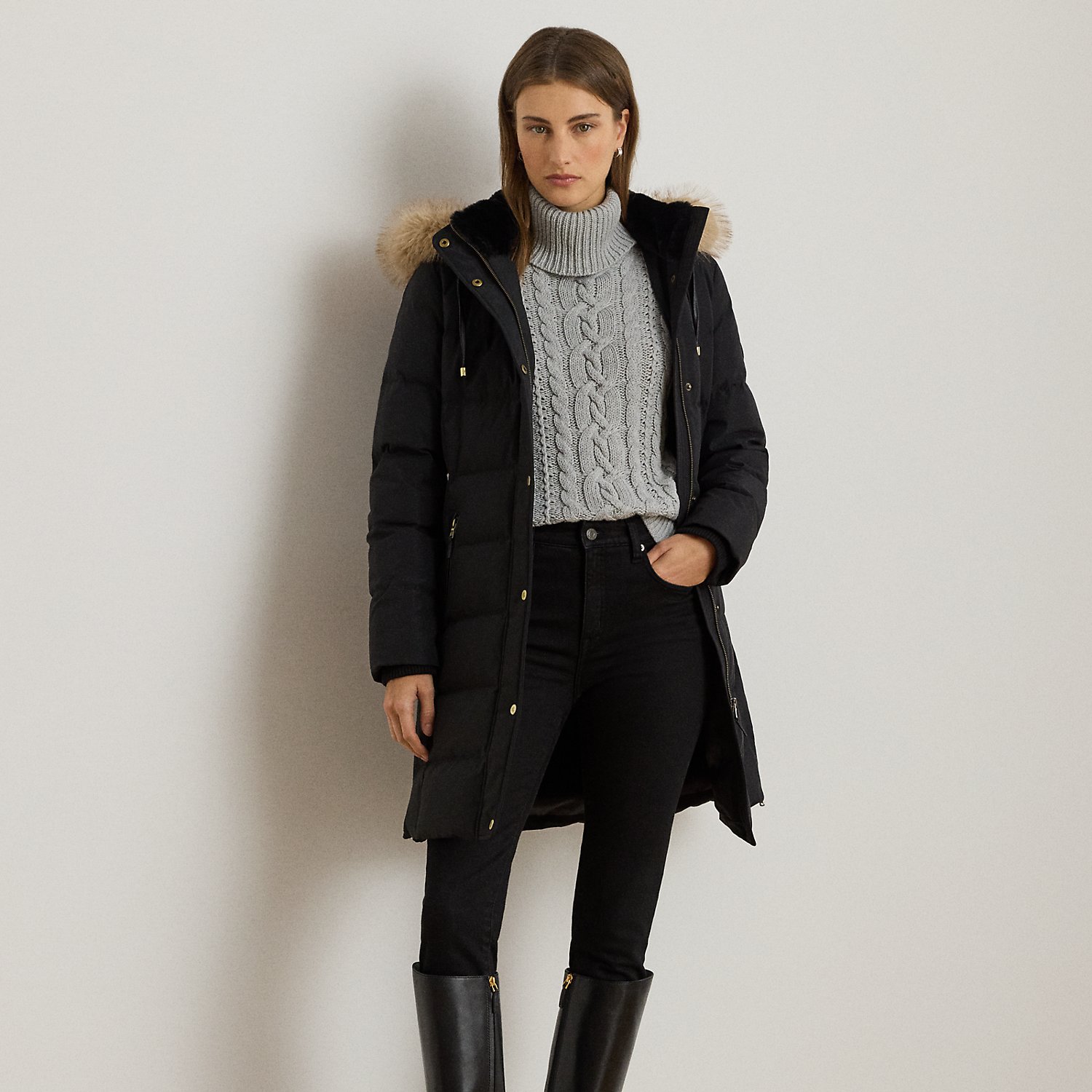 Kurzgrößen - Daunenmantel mit Kapuze und Kunstpelz von Lauren Petite