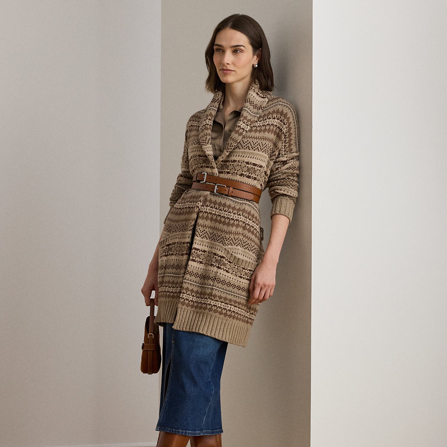 Kurzgrößen - Fair-Isle-Strickjacke mit Gürtel von Lauren Petite