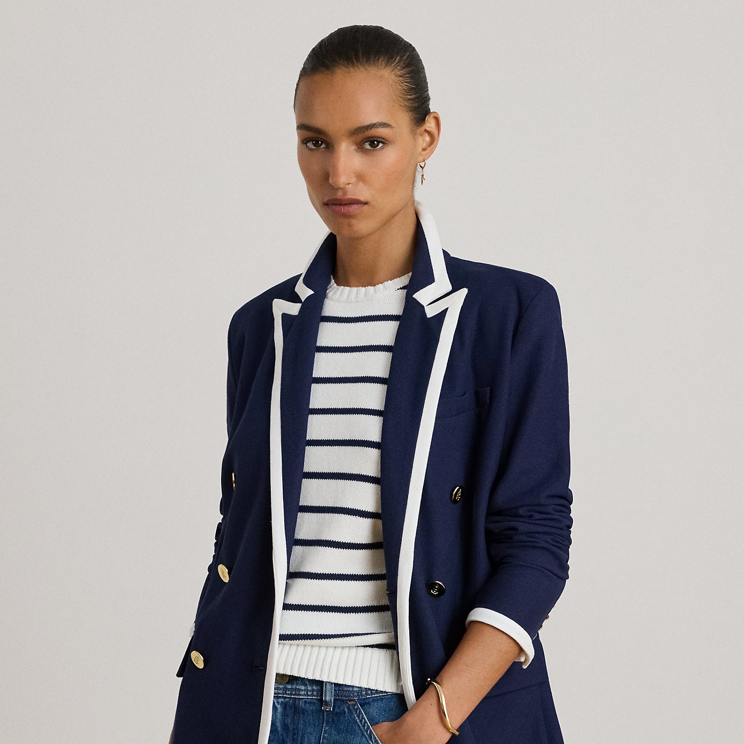 Kurzgrößen - Zweifarbiger zweireihiger Piqué-Blazer von Lauren Petite