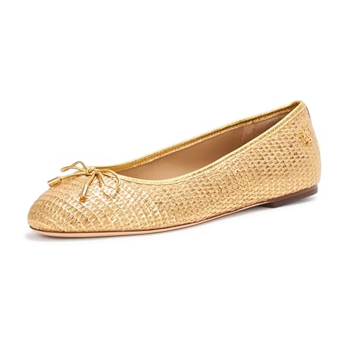 Lauren Ralph Lauren Damen Jayna Leather-Trim Metallic Straw Flat Ballerinas, Modern Gold/Modern Gold, 36 EU von Lauren Ralph Lauren