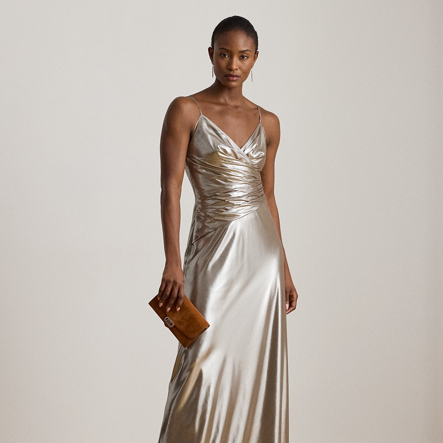 Ärmelloses Metallic-Chiffon-Abendkleid von Lauren